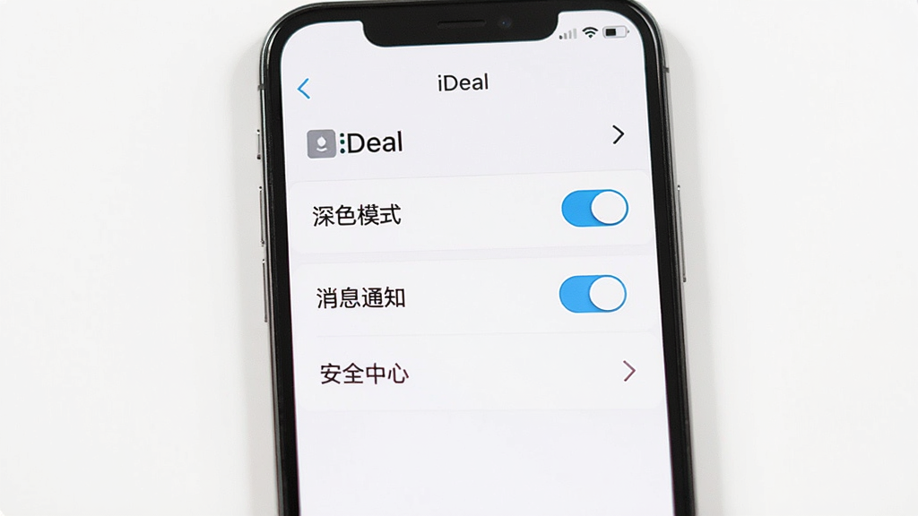 画面主体为手机屏幕显示“iDeal”设置页面,背景为白色,列表中有“深色模式”、“消息通知”、“安全中心”等选项,顶部有“iDeal”字样,布局从上到下排列,排版整齐,风格清爽,细节包括开关按钮与箭头图标,画质干净无多余元素