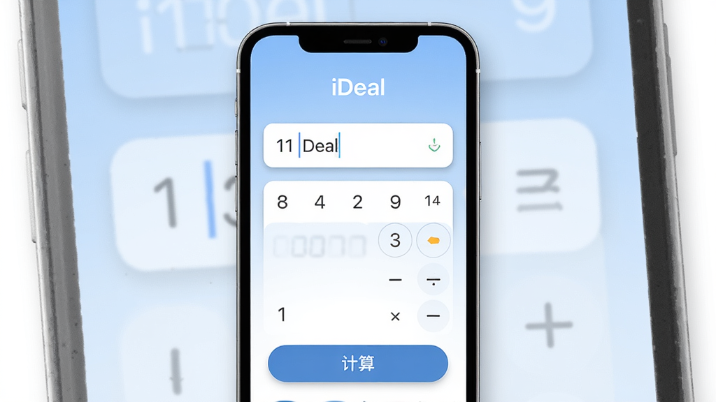 画面主体为手机竖屏显示“iDeal”计算器工具界面,屏幕中有数字输入框与结果展示区域,背景为淡蓝色渐变,界面底部有“计算”按钮,顶部显示“iDeal”字样,布局居中,排版简洁,风格扁平化,细节包括圆角边框与阴影效果,画质干净无多余元素