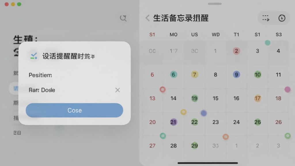生活备忘录智能提醒界面,展示设置提醒时间的弹窗和日历视图,日历上有彩色圆点标记,整体设计清晰直观,风格简洁,画质柔和,无多余元素