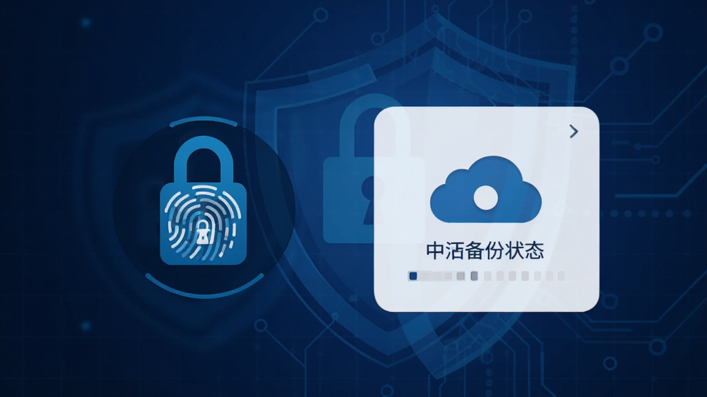 生活备忘录数据安全界面,展示指纹锁图标和云备份状态,背景有盾牌图案,整体风格科技感,色调深蓝,画质清晰,无多余元素