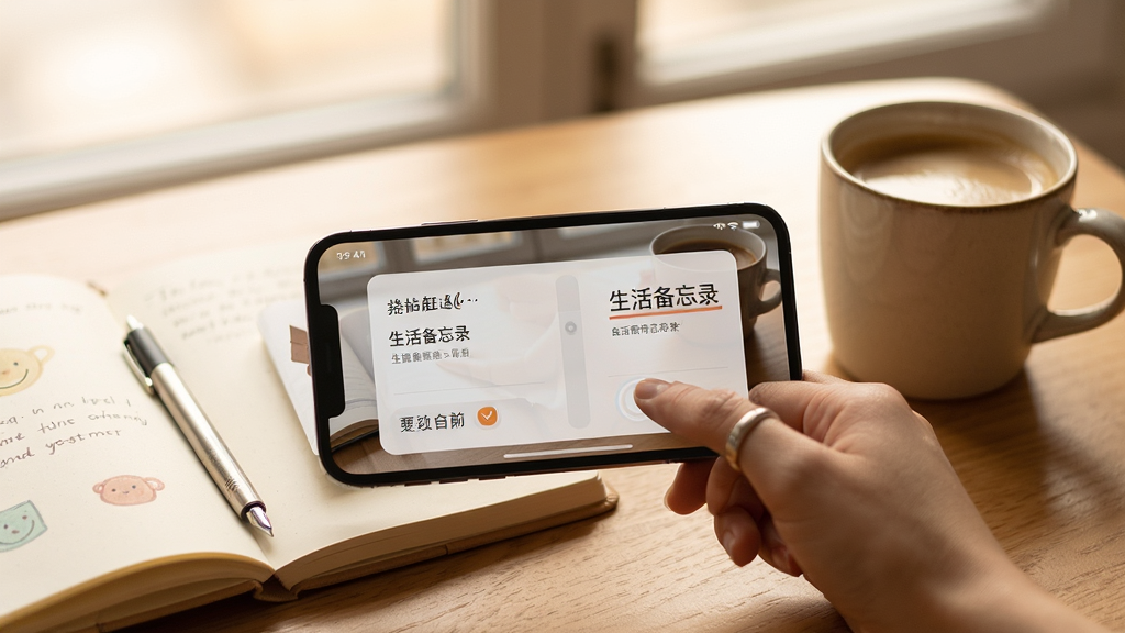 生活备忘录使用场景图,展示手机横屏操作界面,旁边有笔记本和咖啡,整体风格温馨,光线柔和,画质清晰,无多余元素