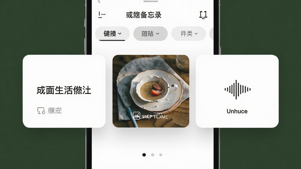 生活备忘录功能展示图,展示文字、图片、语音三种记录方式切换的界面,界面有分类标签栏,整体风格现代简约,图标清晰,画质细腻,排版整洁,无多余元素