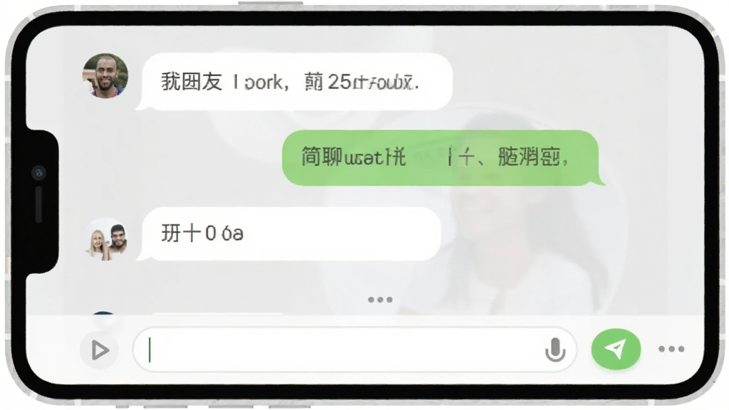 一张展示简聊聊天界面的图片,屏幕中显示与好友的对话气泡,背景为浅灰色,气泡分别使用白色和浅绿色,底部有输入框和发送按钮,整体风格简洁明快,扁平化UI设计,画质干净,无多余元素