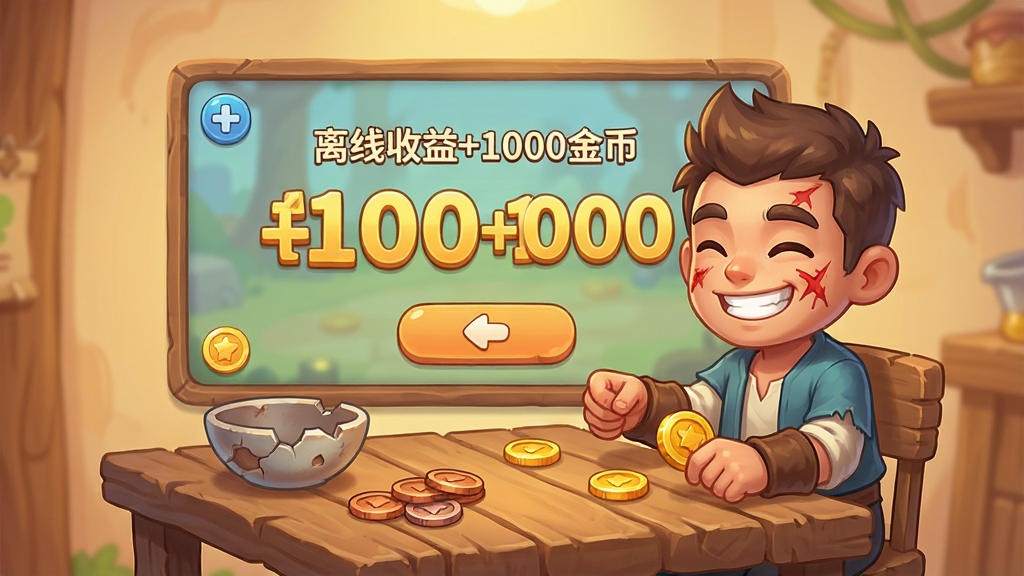 主体:游戏挂机收益界面,主角坐在简陋木桌前数着金币,屏幕中央显示“离线收益+1000金币”。布局:界面以暖色调为主,收益数字在中央放大显示。排版:信息分区明确,按钮圆润。风格:休闲卡通,温馨明亮。细节:主角脸上有伤但笑容灿烂,桌上放着破碗和几个铜板。画质:高清,干净,无多余元素。