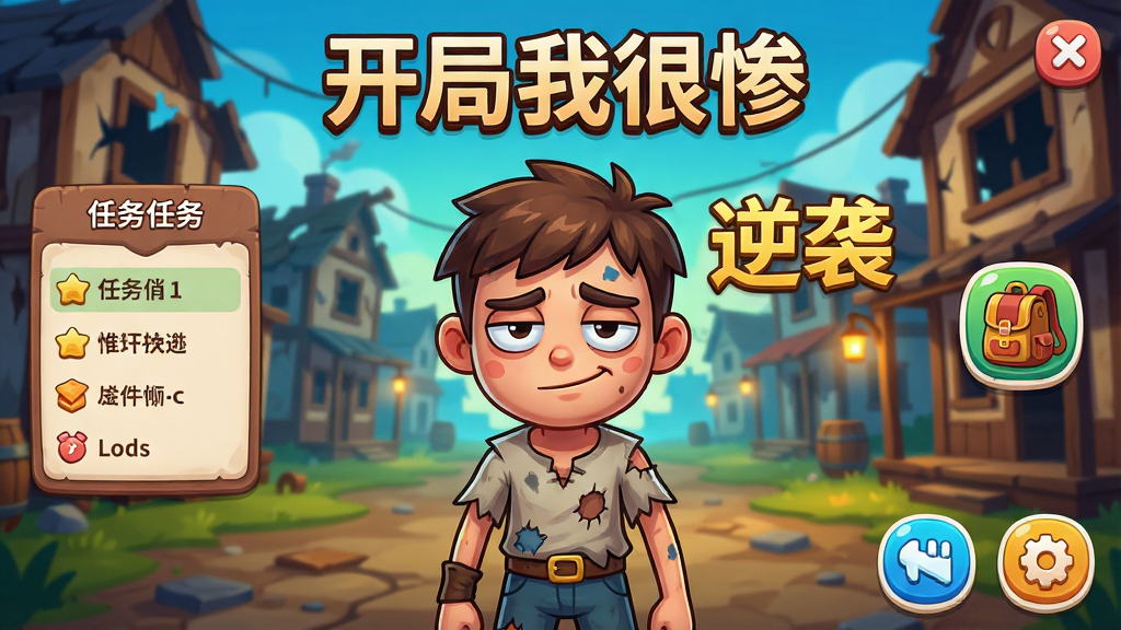 主体:游戏主界面,一个衣衫褴褛但眼神坚定的卡通角色站在破旧小镇中央,头顶显示“开局我很惨”游戏标题,周围漂浮着金色“逆袭”字样。布局:角色居中,左侧是任务列表,右侧是背包图标,底部为功能按钮。排版:界面简洁,图标圆润,文字清晰。风格:卡通渲染,色彩明快,对比强烈。细节:角色表情无奈但嘴角微扬,背景有破损的房屋和摇曳的灯光。画质:高清,干净,无多余元素。