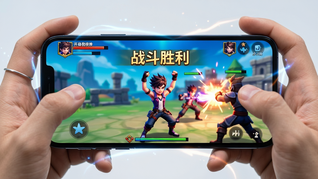 主体:玩家使用手机横屏玩《开局我很惨》游戏,屏幕上显示角色正在战斗。布局:手机居中,屏幕内容清晰可见,周围有微弱的特效光晕。排版:画面聚焦于手机屏幕,背景简洁。风格:写实与游戏画面结合,色彩鲜明。细节:手机屏幕上显示“战斗胜利”字样,角色做出胜利姿势。画质:高清,干净,无多余元素。