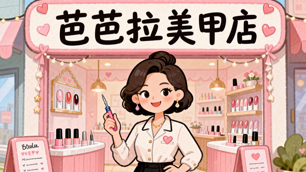 主体:一位时尚的美甲店老板站在装饰精美的芭芭拉美甲店门口,面带微笑,手拿美甲工具。布局:老板居中,店铺招牌“芭芭拉美甲店”清晰可见,背景是温馨的粉色系店铺内部,展示着各种美甲样品和装饰。排版:画面构图饱满,招牌文字醒目,人物与店铺比例协调。风格:卡通手绘风格,色彩明亮柔和,细节丰富,充满少女心和时尚感。画质:高清,干净,无多余元素。
