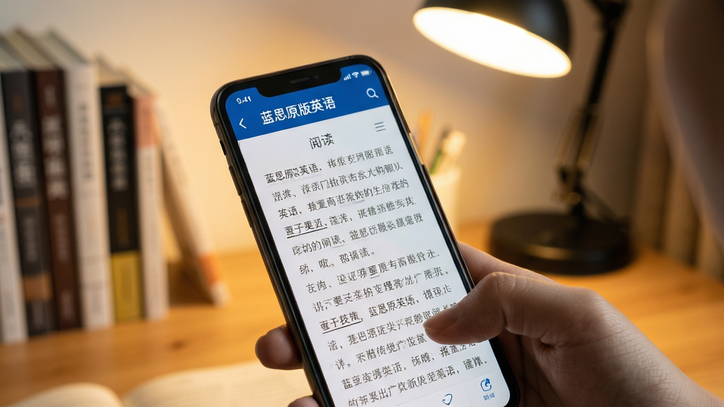 主体:用户手持手机展示蓝思原版英语APP阅读界面,背景为书桌与台灯;布局:人物手部在画面右下,手机占据主要视觉面积;排版:手机屏幕清晰显示书籍正文;风格:写实生活照,暖色调;细节:屏幕上的文字可辨,有单词下方出现下划线;画质:高清自然光,干净无杂物,文字“蓝思原版英语”显示在手机顶部。