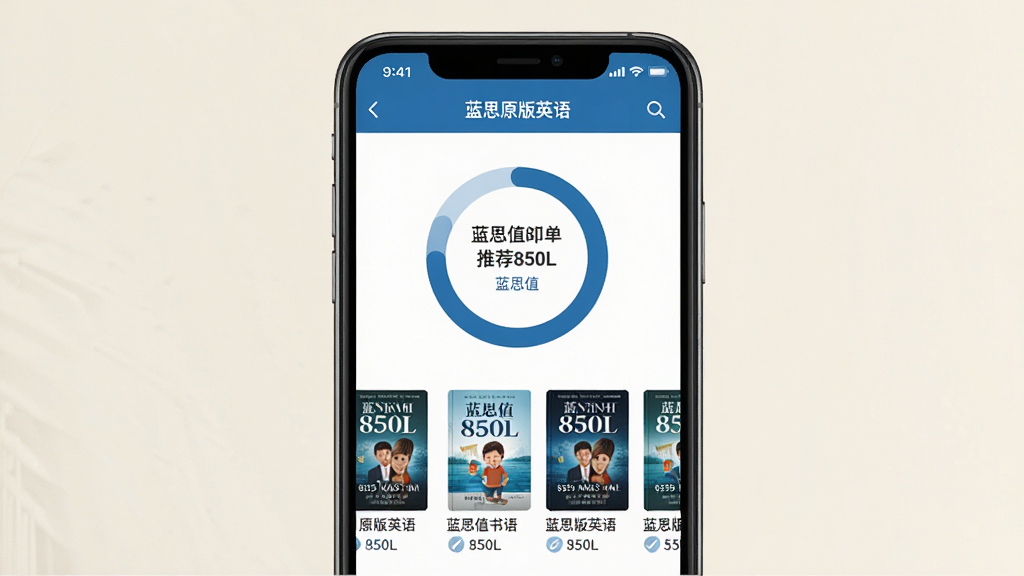 主体:蓝思原版英语APP的测评结果页面,显示“蓝思值850L”及推荐书单;布局:手机居中,四周有浅色背景衬托;排版:结果页以环形图表展示蓝思值,下方横向滑动显示书籍封面;风格:简约商务,蓝色主调;细节:每本书封面下方标注蓝思等级;画质:清晰细腻,文字“蓝思原版英语”置于手机顶部状态栏;整体干净无多余元素。