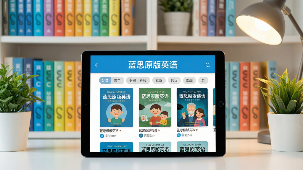 主体:蓝思原版英语APP界面展示,背景为书架与平板电脑,平板屏幕上显示“蓝思原版英语”字样及分级阅读书目列表;布局:居中构图,平板位于视觉焦点,周围点缀绿色植物与柔和灯光;排版:APP界面清晰展示分类标签与书籍封面;风格:现代扁平化,明亮清新;细节:书架上的书籍按蓝思分级颜色排列,平板屏幕内容可辨;画质:高清渲染,干净无多余元素,文字“蓝思原版英语”清晰可见。