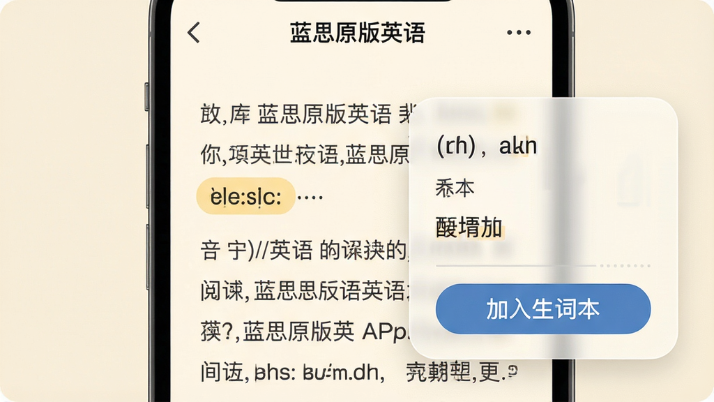 主体:蓝思原版英语APP的阅读界面,页面中一个单词被高亮,下方弹出释义卡片;布局:手机竖屏展示,左侧为正文文字,右侧弹出半透明释义框;排版:正文段落清晰,释义框内显示音标与中文释义;风格:柔和圆角,背景米白色;细节:释义框带有“加入生词本”按钮;画质:高清,文字“蓝思原版英语”显示在手机顶部;整体干净舒适。