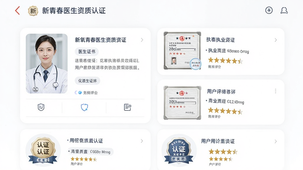 新氧青春医生资质认证页面,主体为医生简介卡片与认证徽章,布局列表式排列,排版清晰,风格专业可信,细节展示执业证书与用户评价星级,画质干净明亮,无多余元素