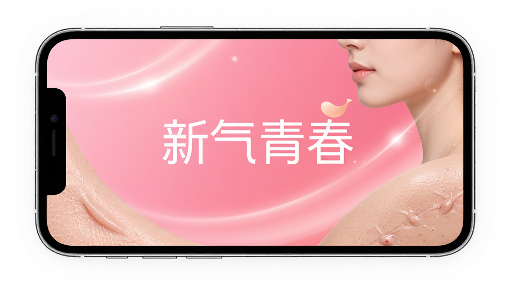 新氧青春APP开屏界面,主体为手机屏幕展示“新氧青春”品牌字样与粉色渐变背景,布局居中,排版简洁,风格现代时尚,细节包含柔和光效与皮肤纹理元素,画质高清干净,无多余元素