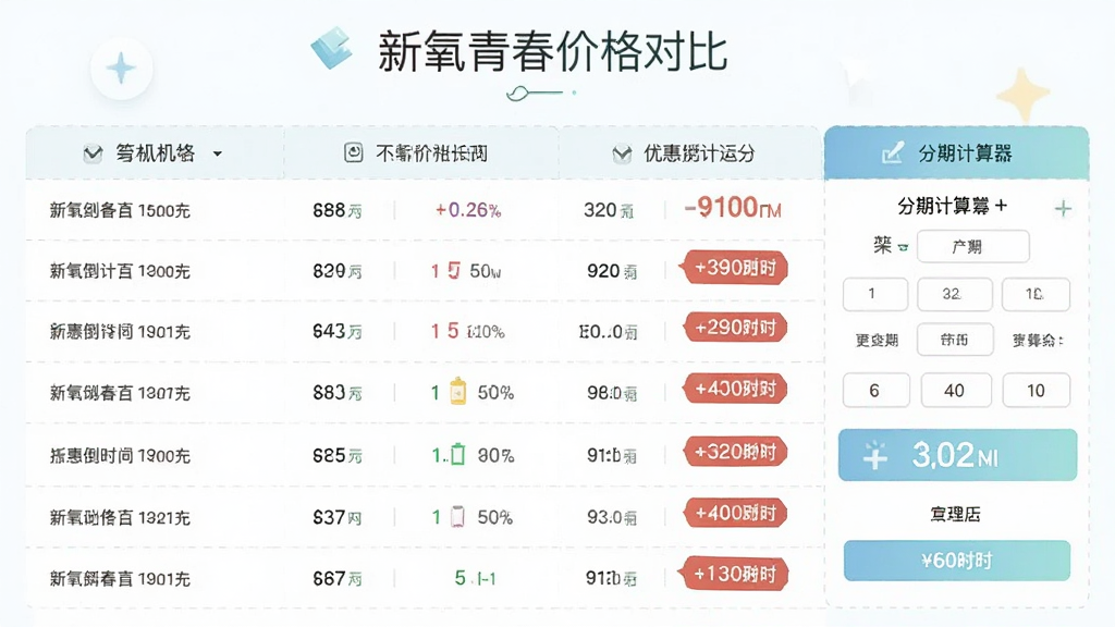 新氧青春价格对比页面,主体为不同机构的价格列表与折扣标签,布局表格样式,排版整齐,风格清爽,细节包含优惠倒计时与分期计算器,画质干净无杂乱元素