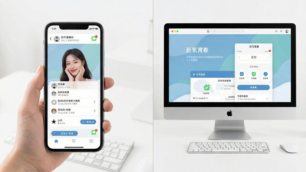 新氧青春使用教程示意图,主体为手机与电脑同步操作场景,布局分屏展示,排版直观,风格写实,细节包含通知图标与支付界面,画质清晰干净,无多余元素