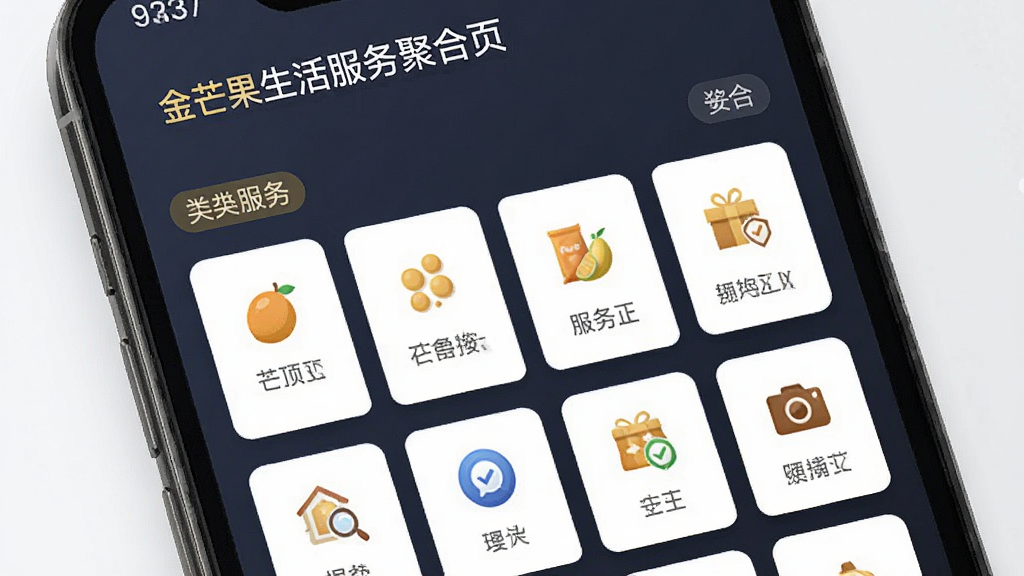 金芒果生活服务聚合页,主体为手机界面展示各类服务图标,布局为网格状,排版均匀,风格商务大气,细节有分类标签,画质清晰,干净无多余元素