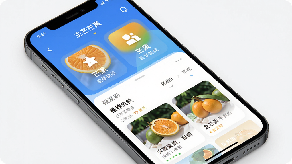金芒果软件界面预览,主体为手机屏幕展示主页面,布局清晰,包含功能图标和推荐内容,排版整洁,现代简约风格,色彩明快,细节丰富,画质高清,干净无多余元素