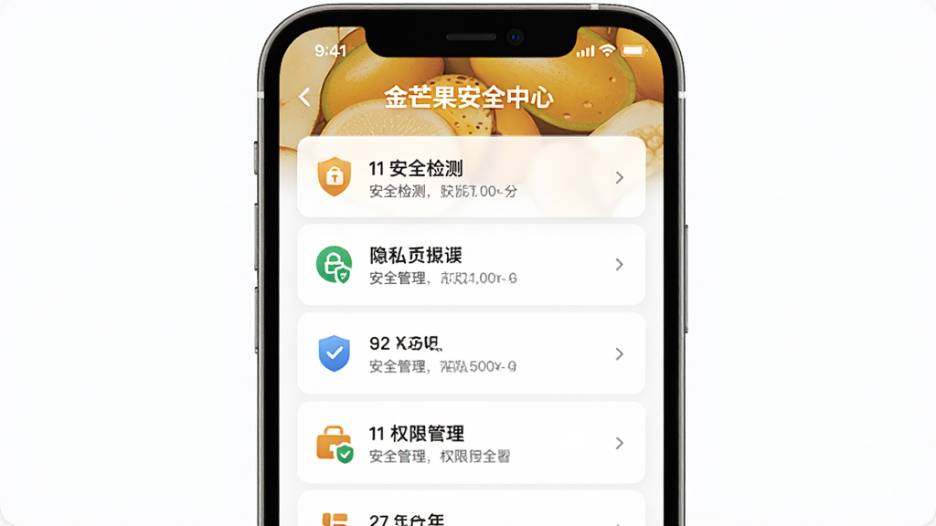 金芒果安全中心界面,主体为手机屏幕显示隐私保护功能,布局为列表式,排版简洁,风格严谨,细节包含安全检测和权限管理入口,画质锐利,干净无多余元素
