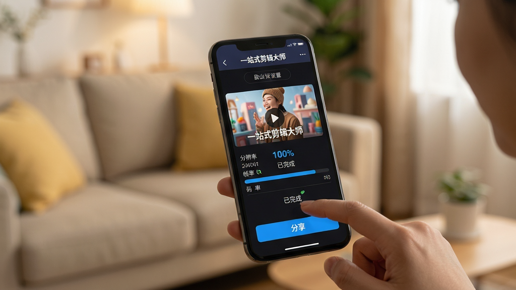 主体:一位用户手持手机,屏幕显示一站式剪辑大师的导出界面,界面显示导出进度条为100%并带有“已完成”提示。布局:手机屏幕特写,背景为温馨的家居环境,用户手指正点击“分享”按钮。排版:屏幕上的导出设置选项清晰可见,包括分辨率、帧率、码率,进度条颜色为蓝色。风格:写实生活化,画质清晰,光线柔和。细节:手机屏幕上显示“一站式剪辑大师”的Logo,导出完成的视频封面精美。画质:高清,细节丰富,画面干净无多余杂物。