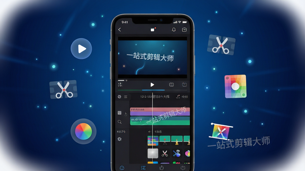 主体:一站式剪辑大师软件界面展示,手机屏幕占据画面中心,屏幕内显示时间轴、预览窗口、特效素材库等剪辑功能模块。布局:手机竖屏居中,背景为深蓝色渐变科技感光效,周围漂浮着微小的光点与视频元素图标,如播放按钮、剪辑刀片、滤镜色盘。排版:手机屏幕内容清晰可辨,界面UI设计简洁现代,功能图标排列有序。风格:科技感、专业感、现代扁平化风格,色彩鲜明,对比度高。细节:屏幕中隐约可见“一站式剪辑大师”字样作为水印,画面边缘有柔和的光晕过渡。画质:8K超高清,细节丰富,画面干净无多余元素。