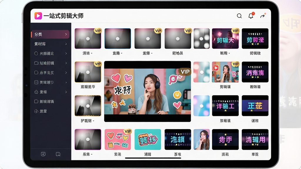 主体:一站式剪辑大师软件的素材库界面,以网格形式展示各种滤镜、贴纸、转场效果缩略图。布局:平板设备横屏展示,左侧为分类列表,右侧为素材网格,中间有一块视频预览区域。排版:网格排列整齐,每个素材缩略图下方标注名称,预览区显示应用素材后的效果。风格:色彩丰富、活泼、充满创意灵感。细节:屏幕上方有“一站式剪辑大师”的Logo,部分素材缩略图带有VIP标识,整体界面明亮清晰。画质:极清,色彩准确,画面干净无杂乱元素。
