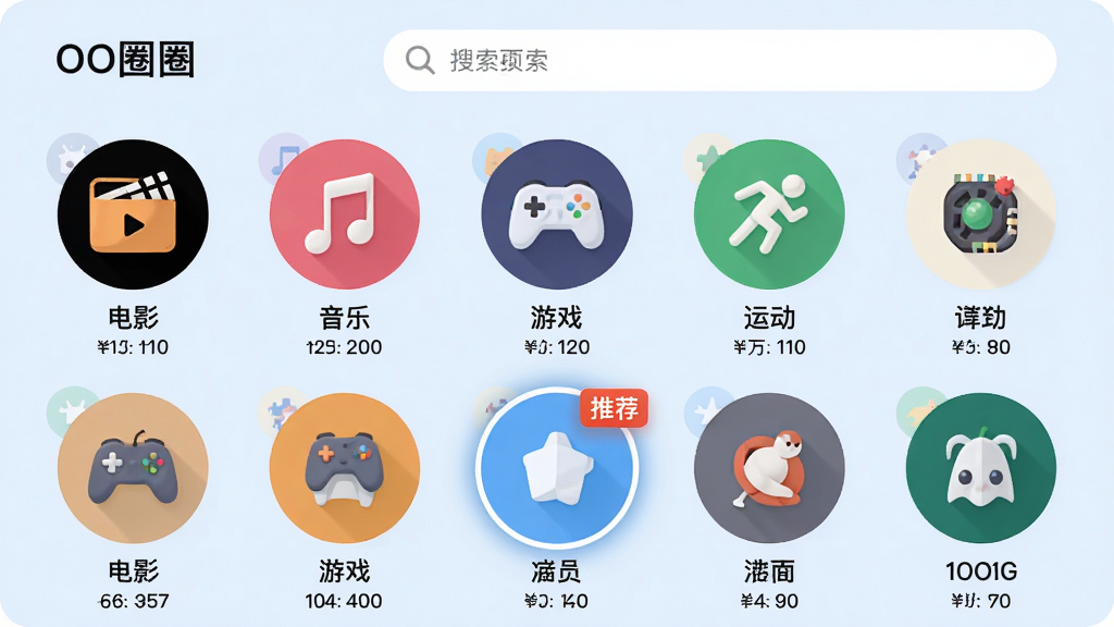 主体:“OO圈圈”的圈子社区页面,展示多个不同主题的圆形图标。布局:页面采用网格布局,每个圈图标下标注名称与成员数,顶部为搜索栏。排版:图标大小统一,文字简洁,背景为淡蓝色。风格:清新、整洁、社区感强。细节:圈子图标包括电影、音乐、游戏、运动等,其中一个圈子被高亮显示,右上角有“推荐”标签。画质:清晰,无多余元素。