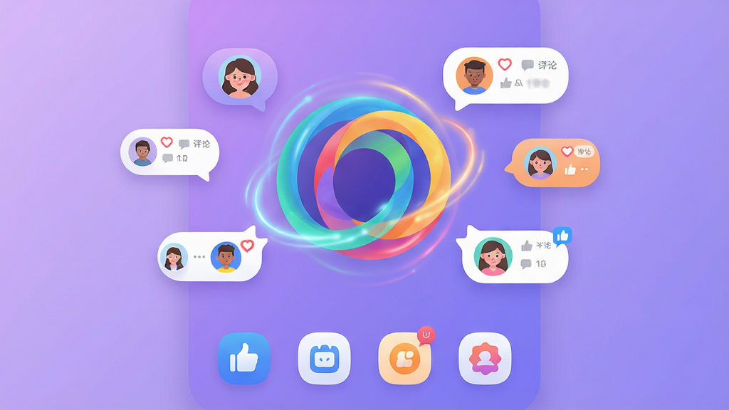 主体:一款名为“OO圈圈”的社交应用界面,中央展示一个由多彩圆环组成的动态标志,周围环绕着用户头像气泡。布局:画面中心为应用主界面,下方排列四个功能图标,背景为柔和的渐变紫色。排版:采用扁平化设计,图标简洁圆润,信息层级分明。风格:现代、活泼、充满科技感与社交氛围。细节:圆环上有微光流动,头像气泡中显示点赞与评论小图标,整体色彩明亮。画质:高清渲染,干净无多余元素。