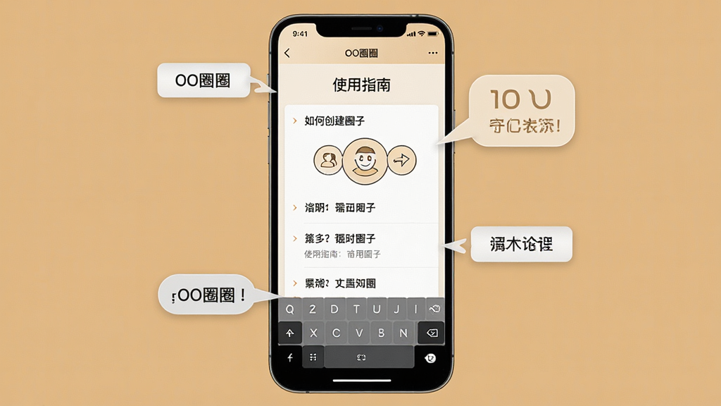 主体:一部智能手机正在运行“OO圈圈”应用,屏幕显示“使用指南”页面。布局:手机位于画面中央,屏幕内容清晰可见,下方有虚拟按键。排版:指南文字以列表形式呈现,背景为纯色。风格:写实、简洁、教育性。细节:屏幕上有“如何创建圈子”的步骤图,周围散落着提示气泡。画质:高清,无多余元素。