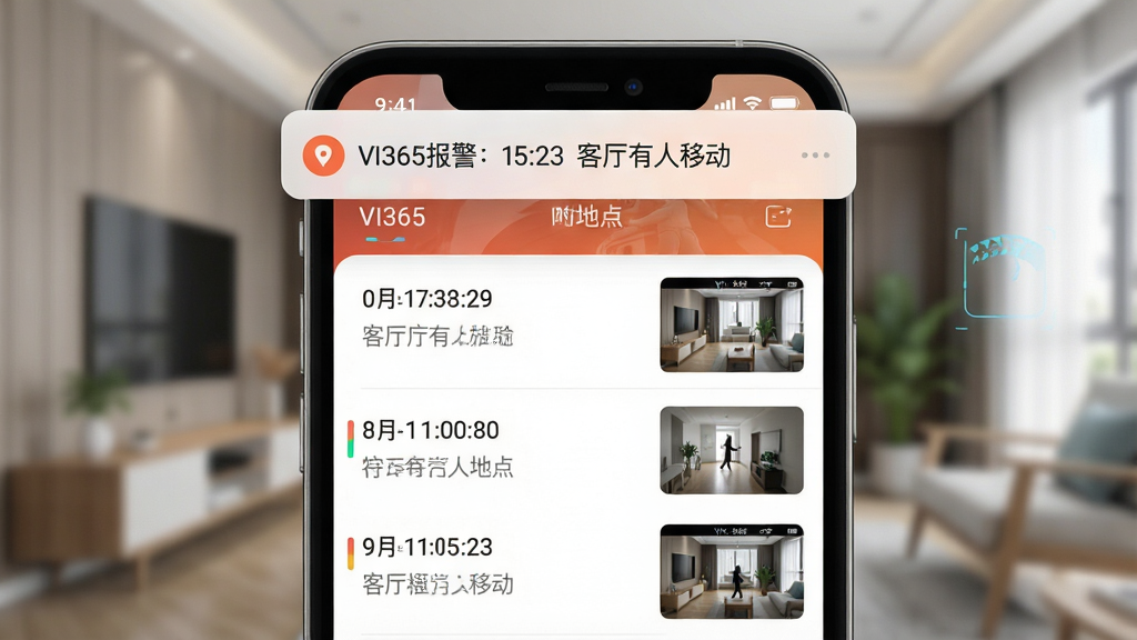 一张VI365监控App的报警消息通知截图,手机屏幕顶部弹出横幅通知,内容为“VI365报警:15:23 客厅有人移动”,通知栏下方是App的报警记录列表,每条记录包含时间、地点和视频缩略图,整体界面干净清爽,背景为模糊的室内环境,画质细腻,科技感强