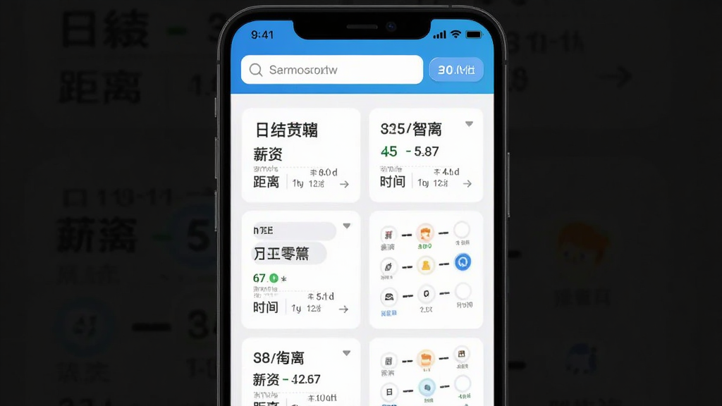日结零工直聘APP的职位列表页面截图,展示多个日结岗位卡片,每张卡片包含职位名称、薪资、距离和时间,顶部有搜索栏和筛选按钮,界面采用卡片式布局,配色清新,风格现代,画质干净,无多余元素。