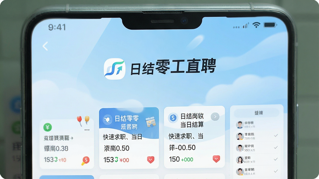 一张展示日结零工直聘APP主界面的高清手机截图,屏幕中央显示“日结零工直聘”品牌名称和LOGO,下方排列着多个日结岗位卡片,背景为浅蓝色渐变,整体风格简洁明亮,突出“快速求职、当日结算”的主题,画质干净,无多余元素。
