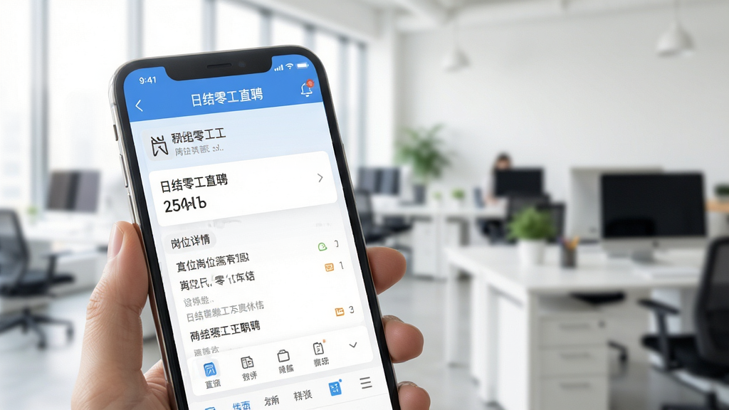 日结零工直聘APP在手机上运行的使用场景图,手机屏幕显示岗位详情页面,背景为明亮的办公室环境,画面清晰,色彩自然,风格写实,画质干净,无多余元素。