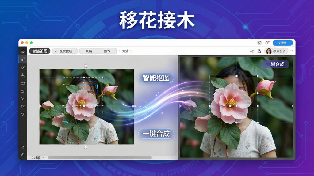 一幅展示“移花接木”软件核心功能的宽幅宣传图,主体为软件主界面,左侧显示原始图片,右侧为合成后的惊艳效果,中间以流畅的光效连接,背景采用渐变蓝紫色科技感风格,界面排版清晰,包含“智能抠图”、“一键合成”等中文标签,画质高清,整体干净专业,无多余元素