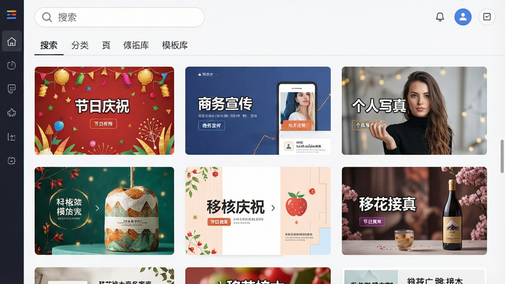 一张展示“移花接木”模板库的界面图,主体为软件模板选择页面,以网格状排列着多种风格的模板缩略图,包括“节日庆祝”、“商务宣传”、“个人写真”等,每个缩略图都展示出独特的设计风格,页面顶部有搜索栏和分类标签,整体布局清晰,色彩丰富,画质高清,干净整齐