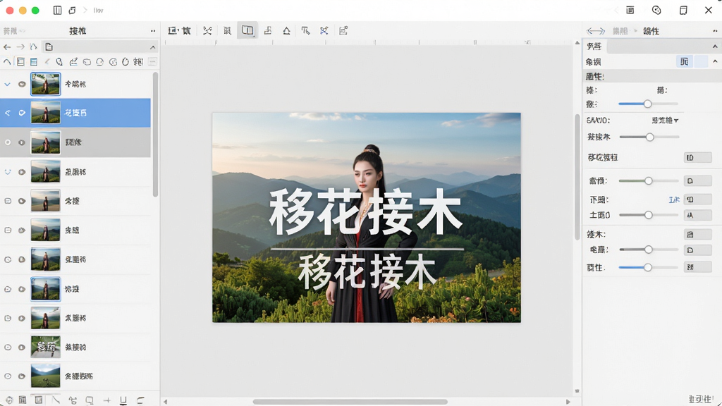 一张展示“移花接木”多图层编辑功能的界面截图,主体为软件编辑窗口,左侧图层列表整齐排列着多个图层,每个图层有缩略图和名称,中间画布上叠加显示着风景背景、人物和文字元素,右侧为属性调节面板,整体风格明亮简洁,排版有序,突出专业感,画质清晰,无多余元素