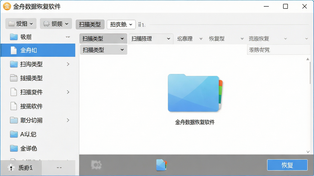 一张金舟数据恢复软件主界面截图风格的图片,主体为软件窗口,左侧是功能列表,右侧是扫描结果预览区域,布局清晰,排版工整,现代扁平化UI风格,细节包含文件类型筛选标签与恢复按钮,画质高清干净,无多余元素,界面文字标注“金舟数据恢复软件”