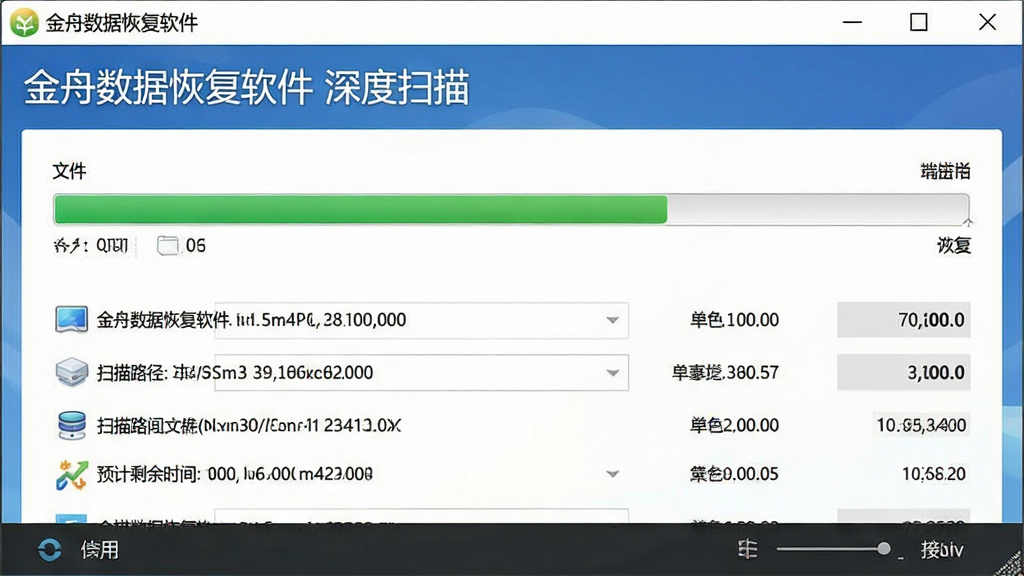 一张展示数据扫描过程的界面截图,主体为金舟数据恢复软件的扫描进度页面,布局为进度条与文件计数统计,排版为上下结构,风格写实,细节包含扫描路径与预计剩余时间,画质清晰干净,无多余元素,界面文字标注“金舟数据恢复软件 深度扫描”