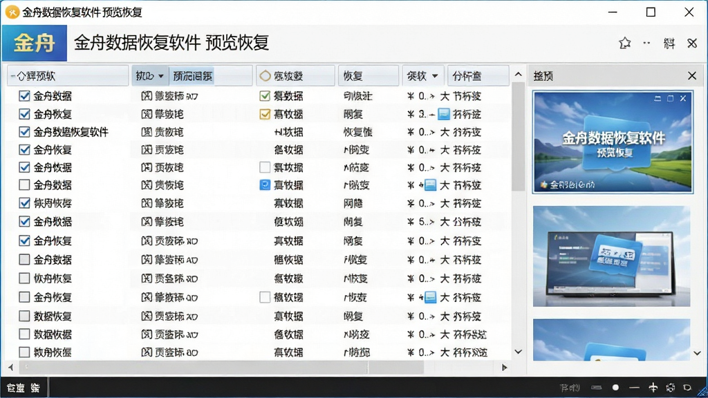 一张文件预览与勾选恢复的界面,主体为金舟数据恢复软件的文件列表窗口,布局为多列列表,排版规整,风格写实,细节包含勾选框与预览窗格,画质清晰干净,无多余元素,界面文字标注“金舟数据恢复软件 预览恢复”