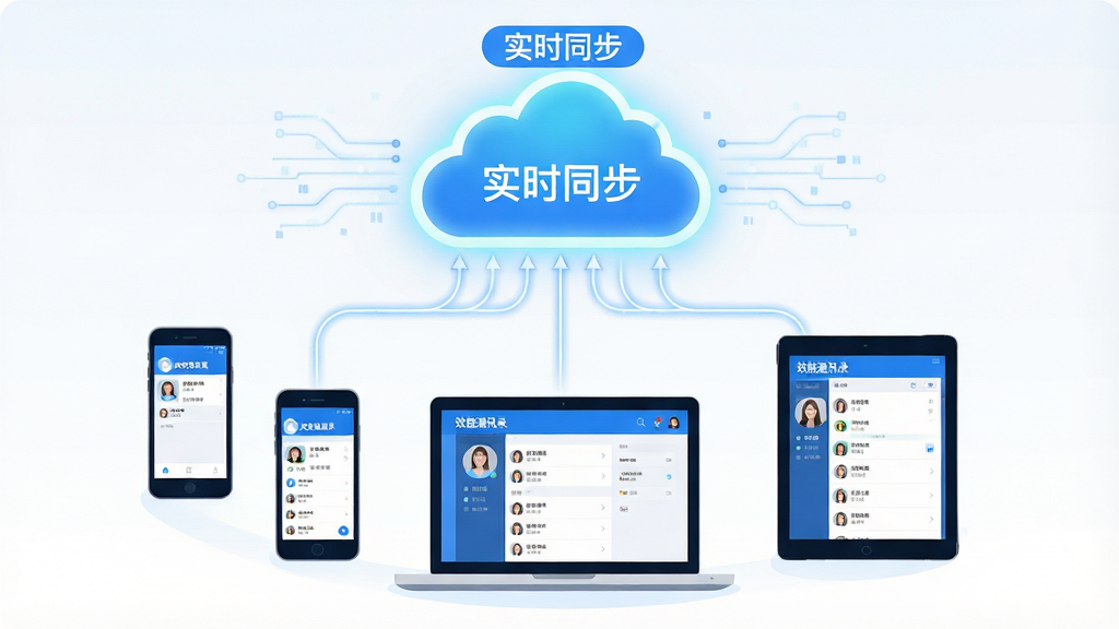���壺һ��չʾЧ��ͨѶ¼�ƶ�ͬ�����ܵ�ʾ��ͼ�������Ƿ�����ƶ�ͼ�꣬��Χ�����������ֻ����ʼǱ����ԡ�ƽ�������̨�豸�����֣��ƶ�ͼ��λ�ڻ����Ϸ�����̨�豸�ʻ����������·����豸��Ļ����ʾ��ͬ����ϵ�˽��档�Ű棺�������豸ָ���ƶˣ��γ����ݴ�����Ӿ����ߣ����沼�־��⡣��񣺱�ƽ���ִ��廭�����ɫ���ɫ��ɫ����������졣ϸ�ڣ�ÿ̨�豸��Ļ���С�Ч��ͨѶ¼����������ͼ���ƶ˱�ע��ʵʱͬ����������������׺ϸ΢�����������������ʣ�����ʸ����񣬸ɾ��޶���Ԫ�ء�