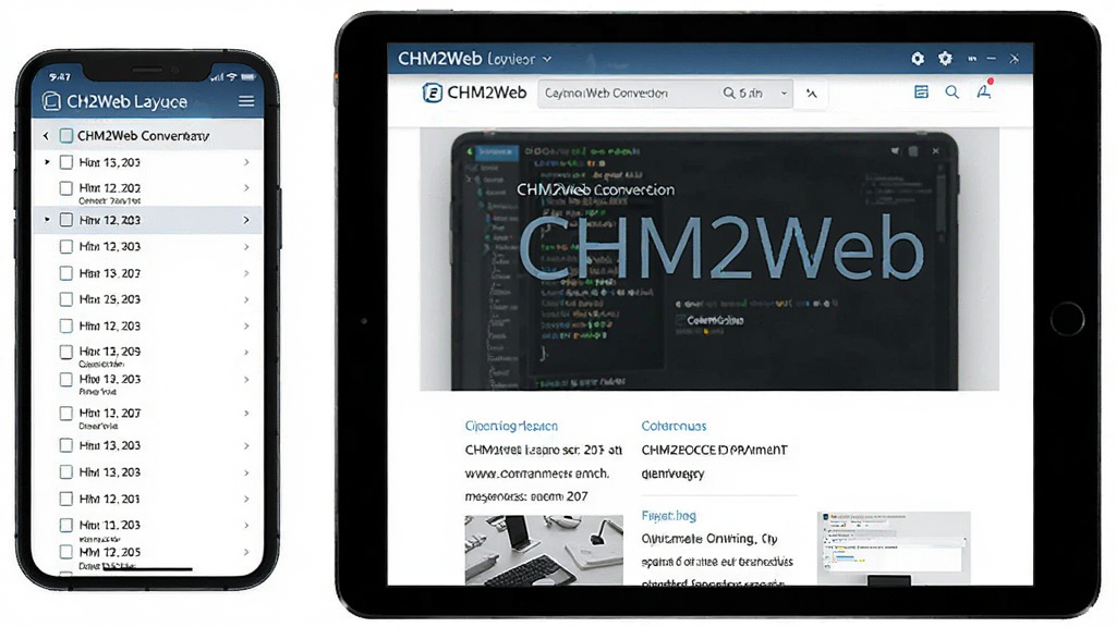 主体:CHM2Web转换后的网页在手机和平板上显示效果,布局:手机屏幕显示目录列表,平板显示网页内容,排版:响应式布局,风格:现代科技感,细节:页面清晰,文字可读性高,画质:高清,干净,无多余元素