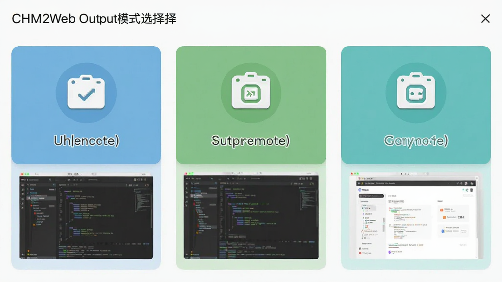 主体:CHM2Web输出模式选择界面,布局:三种输出模式图标并排,各配文字说明,排版:卡片式布局,风格:清新简约,细节:每个模式下方有示例预览图,画质:高清,干净,无多余元素