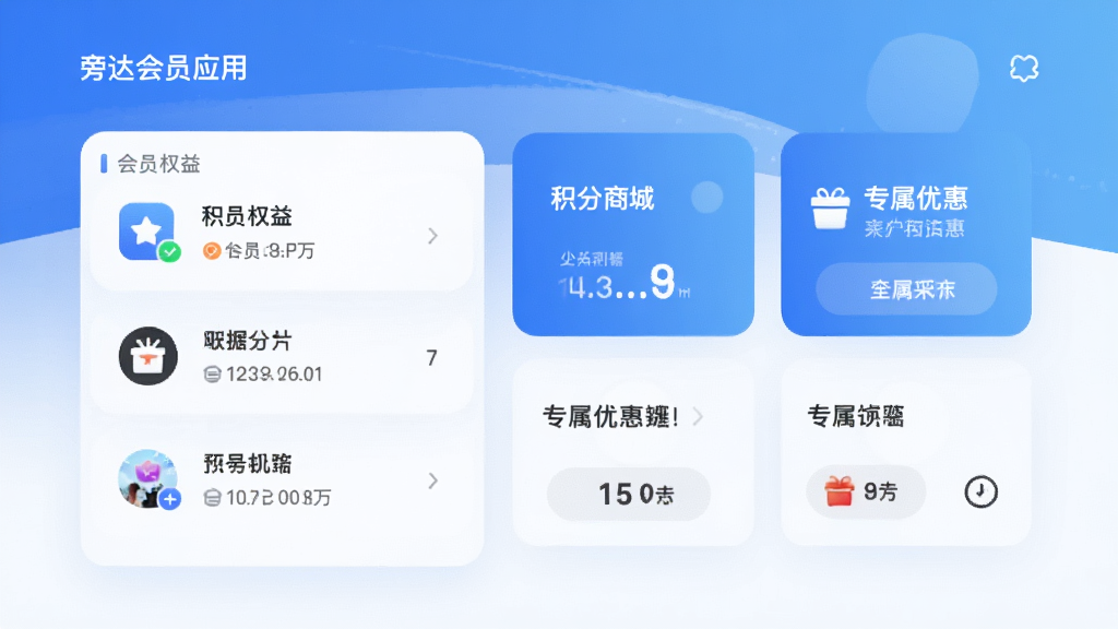 旁达会员应用主界面预览图,展示会员权益列表、积分商城、专属优惠等核心功能模块,界面采用蓝白渐变主色调,卡片式布局,圆角设计,整体风格现代简约,画质清晰,干净整洁,无多余元素。