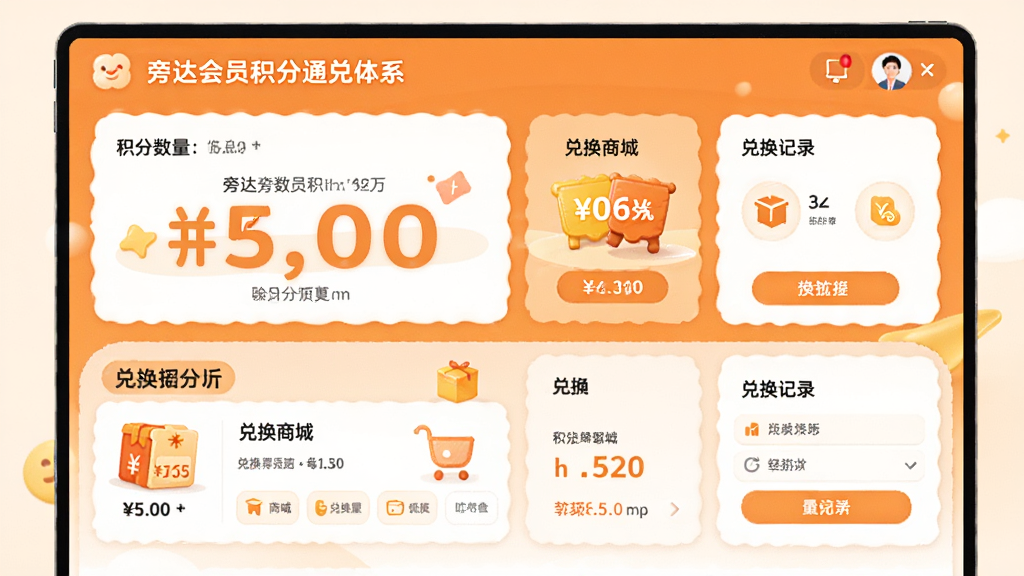 旁达会员积分通兑体系界面,展示积分数量、兑换商城、兑换记录等模块,界面采用暖橙色与白色搭配,卡片式布局,积分数字突出显示,整体风格温馨活泼,画质清晰,排版有序,无多余元素。