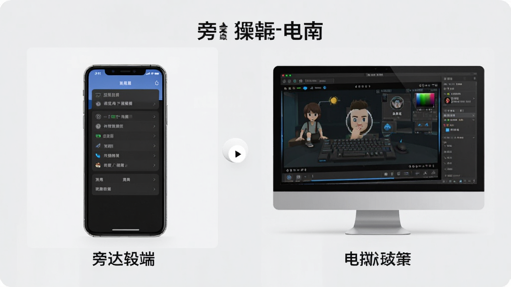 旁达会员使用指南示意图,展示手机端与电脑端操作对比,手机界面显示设置选项,电脑界面显示模拟器运行效果,背景为干净的浅灰色,整体风格简洁明了,画质清晰,无多余元素。