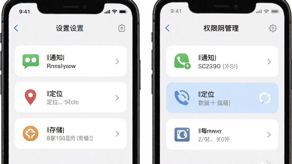 一对交友使用指南示意图,展示手机端设置界面和权限管理页面,包含通知、定位、存储等选项,配以简洁图标和文字说明,风格清晰易懂,画质干净,无多余元素