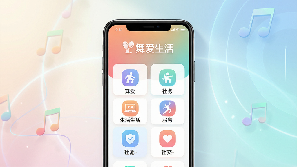 主体:一款名为“舞爱生活”的手机应用界面,屏幕中展示生活服务与社交功能模块,整体风格现代简约。布局:手机居中,屏幕内容清晰可见,周围有柔和的光影效果。排版:界面图标排列整齐,色彩搭配和谐,突出“舞爱生活”字样。风格:扁平化设计,清新明亮,科技感与生活气息融合。细节:屏幕中显示“舞爱生活”的Logo和主要功能图标,背景为渐变色。画质:高清渲染,干净无多余元素。