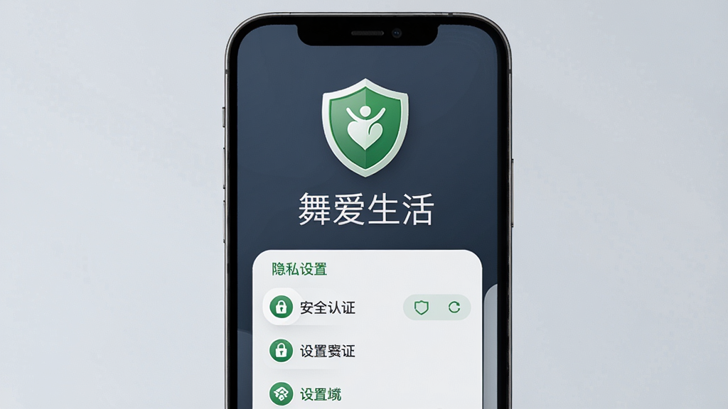 主体:“舞爱生活”安全保护界面,展示隐私设置与安全认证图标。布局:手机屏幕中显示盾牌图标和设置选项。排版:简洁清晰,绿色元素点缀。风格:专业严谨,色彩沉稳。细节:屏幕中央有“舞爱生活”字样,背景为深蓝或灰色。画质:高清,无多余元素。