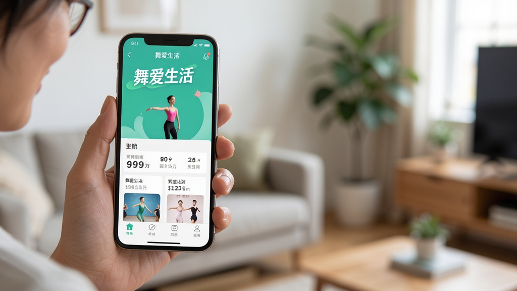 主体:用户手持手机使用“舞爱生活”应用,屏幕显示主界面。布局:人物位于画面左侧,手机屏幕朝向镜头。排版:人物与手机比例协调,背景为室内环境。风格:写实生活化,光线自然。细节:手机屏幕清晰显示“舞爱生活”界面。画质:高清,干净无杂物。