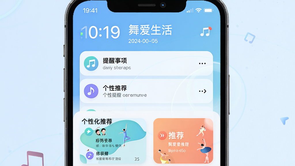 主体:“舞爱生活”的智能提醒与推荐界面,展示通知列表和推荐卡片。布局:屏幕上方显示时间与日期,下方为提醒事项和个性化推荐。排版:卡片式布局,色彩清新,图标生动。风格:简约现代,科技感强。细节:突出“舞爱生活”名称,背景为浅蓝渐变。画质:高清,干净利落。