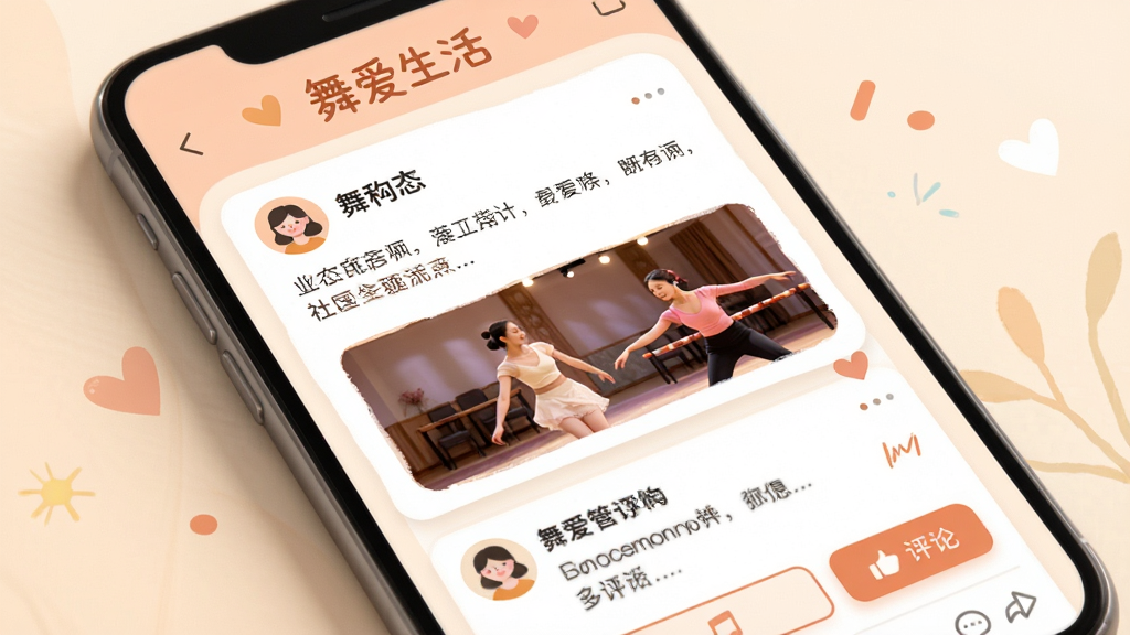 主体:“舞爱生活”社区互动界面,展示用户动态和评论区域。布局:手机屏幕中显示动态列表,包含文字、图片和互动按钮。排版:动态卡片式设计,头像与昵称清晰可见。风格:温暖活泼,色彩柔和。细节:屏幕顶部有“舞爱生活”字样,背景为淡雅色调。画质:高清,细节丰富,无杂乱元素。